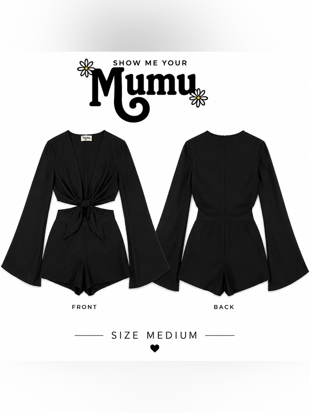Show Me Your Mumu Black Cutout Tie Front Bell Sleeve Romper Size Medium